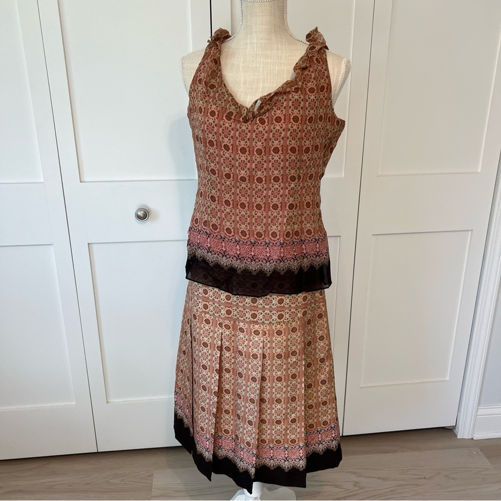 Tape measure skirt and top set, size 8, colors pink and brown